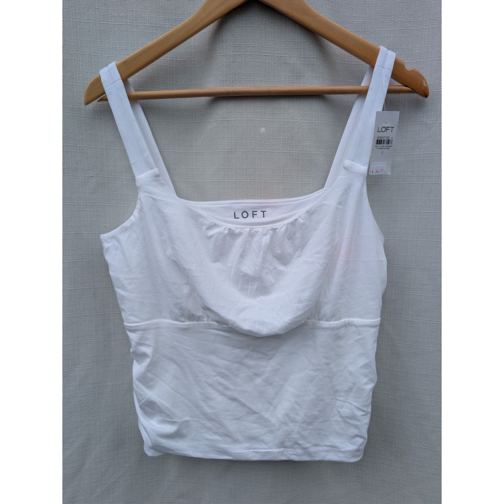 LOFT Ruched Side Tank Top Womens L White Cotton Square Neck Minimalist‎ NWT